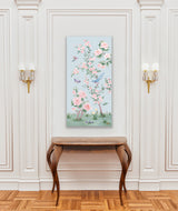 April, a blue chinoiserie canvas wrap, available framed