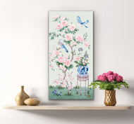 June, a green chinoiserie canvas wrap, available framed