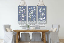 Load image into Gallery viewer, Bluebirds and Peonies, a dark blue chinoiserie canvas wrap
