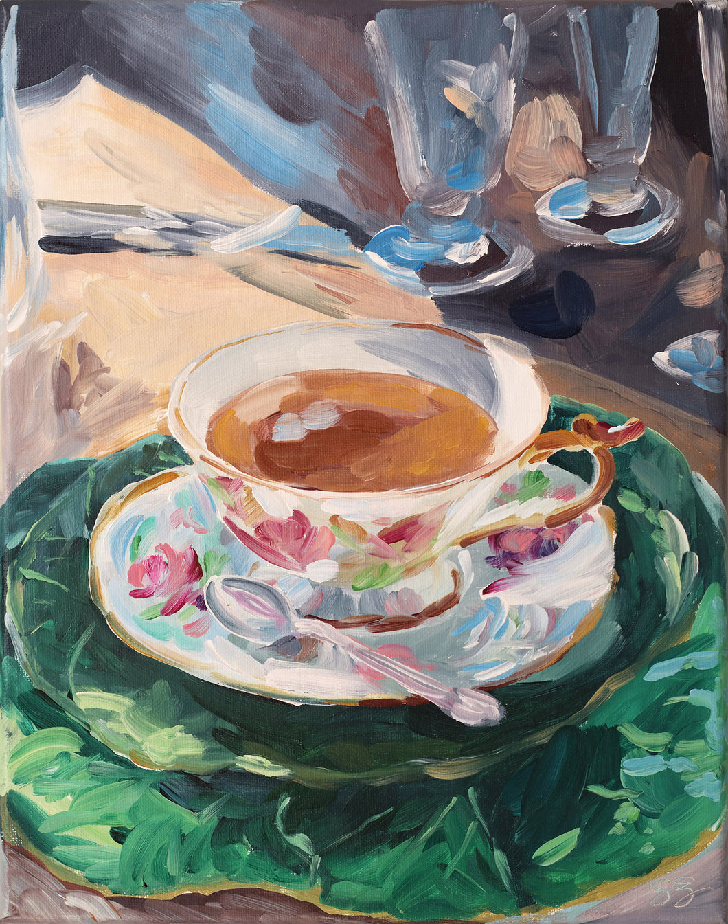 Elizabeth Alice Studio original painting art, sun shining on a cup of tea, antique tea cup art, cabbage plate painting, original tea time art, small original painting, acrylic painting wet on wet, expressive brush strokes, impressionist style