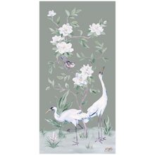 Load image into Gallery viewer, Cranes and Gardenias, a green chinoiserie fine art print

