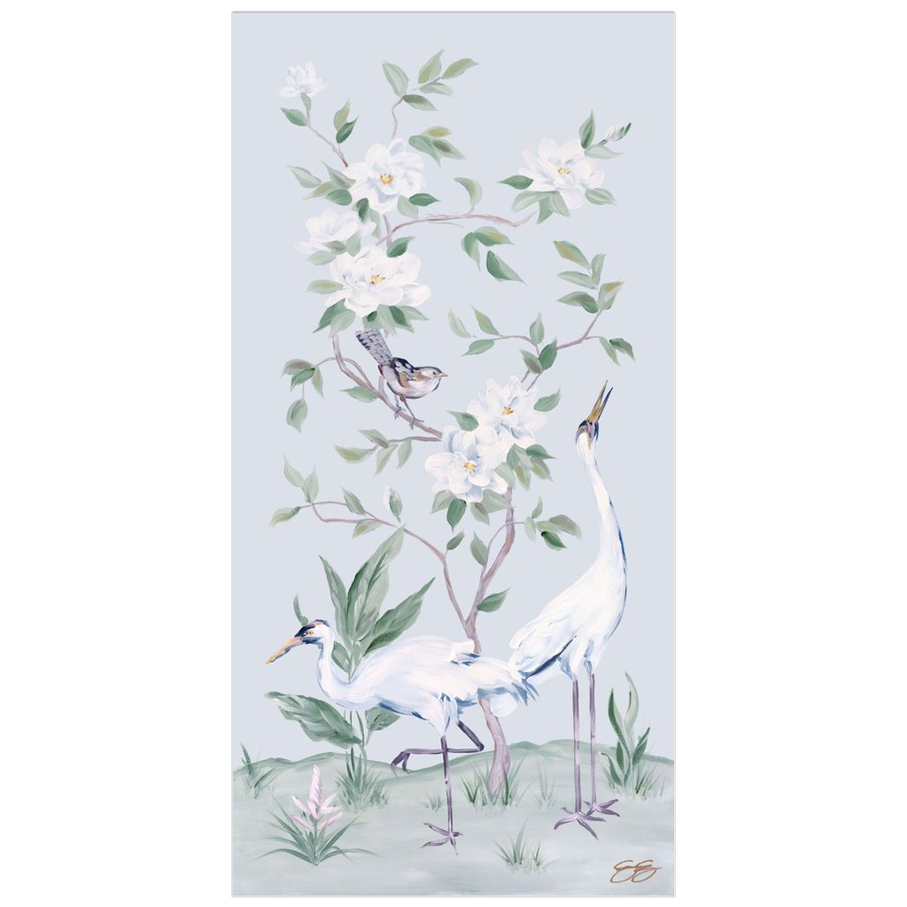 Cranes and Gardenias, a light blue chinoiserie fine art print