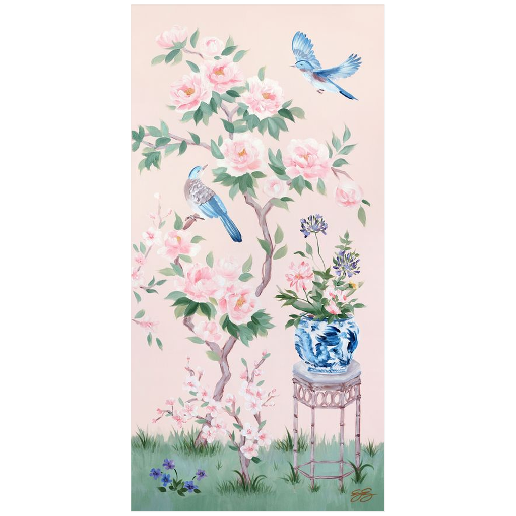 Pink pastel chinoiserie art for nursery with peonies and