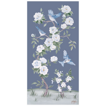 Load image into Gallery viewer, Bluebirds and Peonies, a dark blue chinoiserie fine art print
