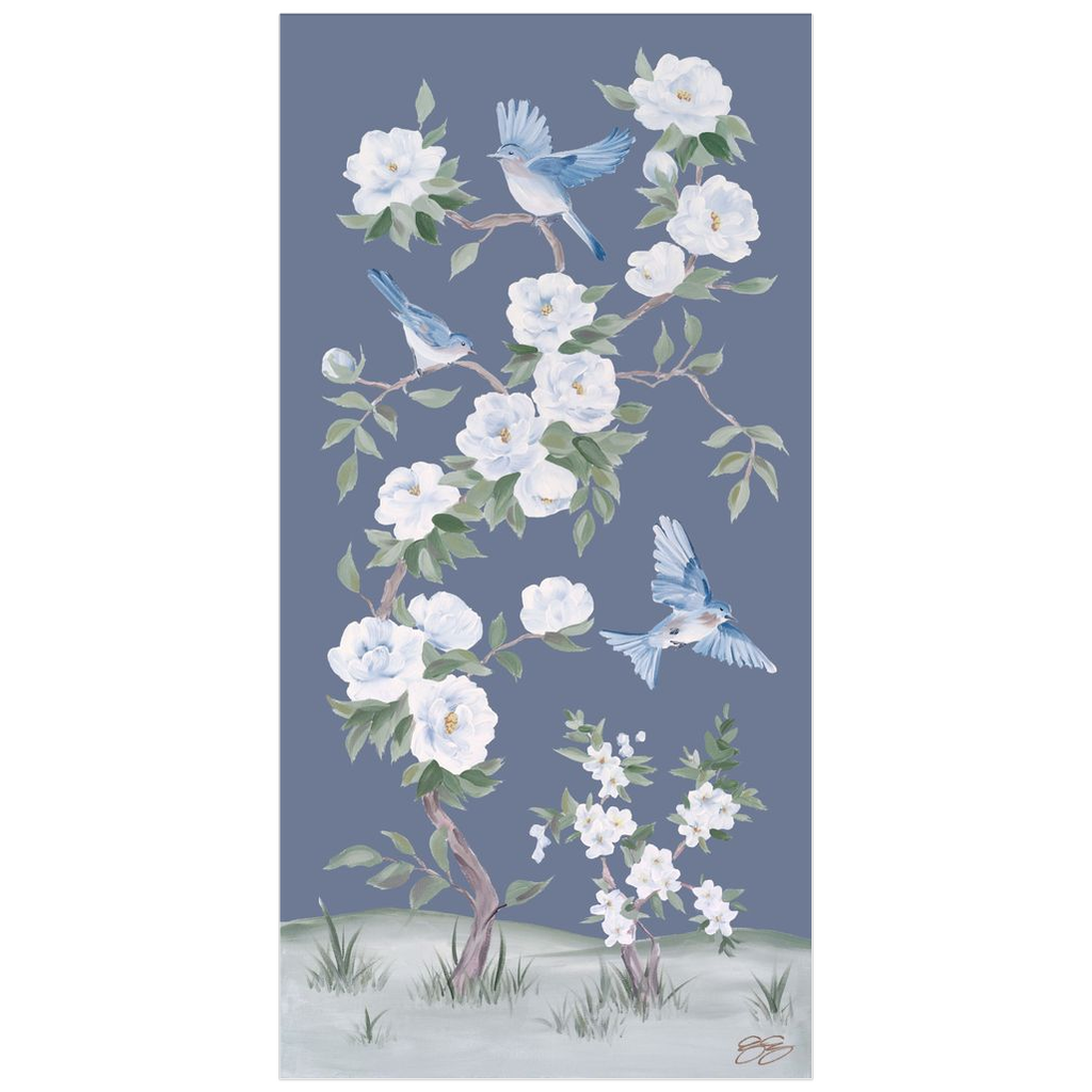 Bluebirds and Peonies, a dark blue chinoiserie fine art print