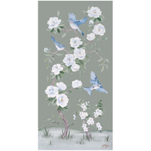 Load image into Gallery viewer, Bluebirds and Peonies, a green chinoiserie fine art print
