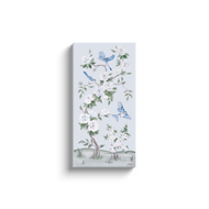 Bluebirds and Peonies, a light blue chinoiserie canvas wrap, available framed