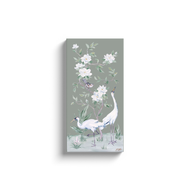 Cranes and Gardenias, a green chinoiserie canvas wrap, available framed
